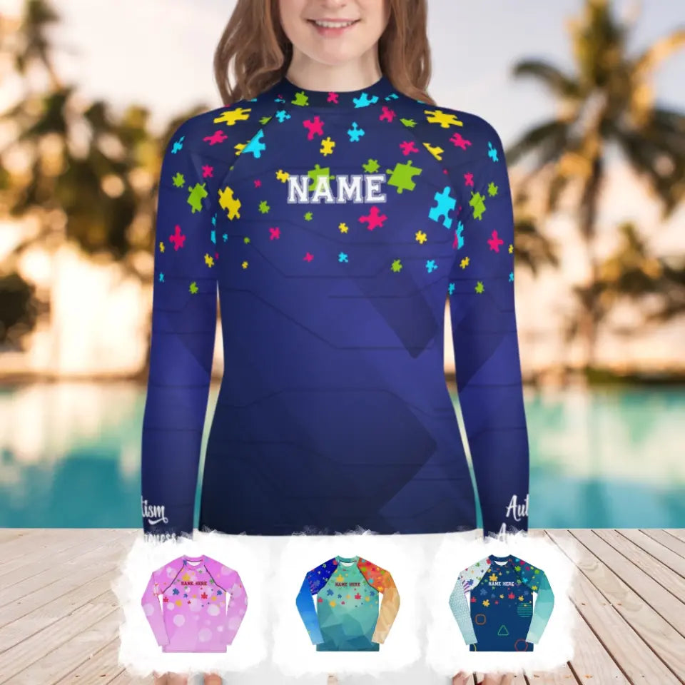 Autism Awareness - Autism Awareness Shirt -Autism Puzzles, Custom Name, Autism Family Shirt, Autism Support Shirt 10007 - Personalized Kid, Youth, Women, Men Rash Guard